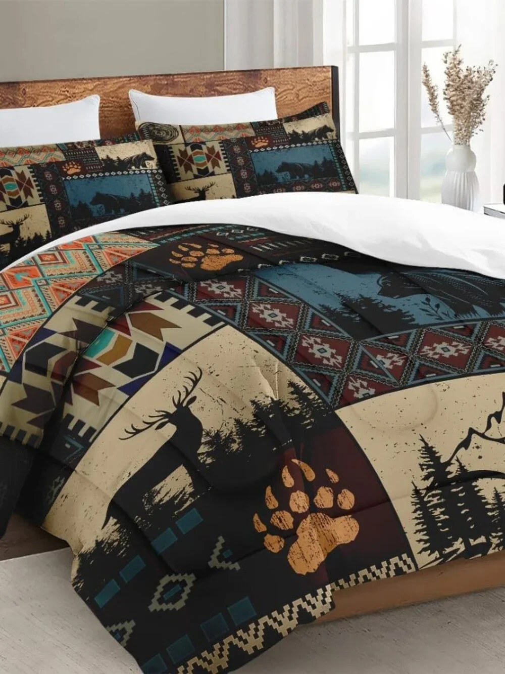 Full Size Comforter Set with 2 Pillowcases, Deer Bear Wildlife 3 Pcs Bedding for